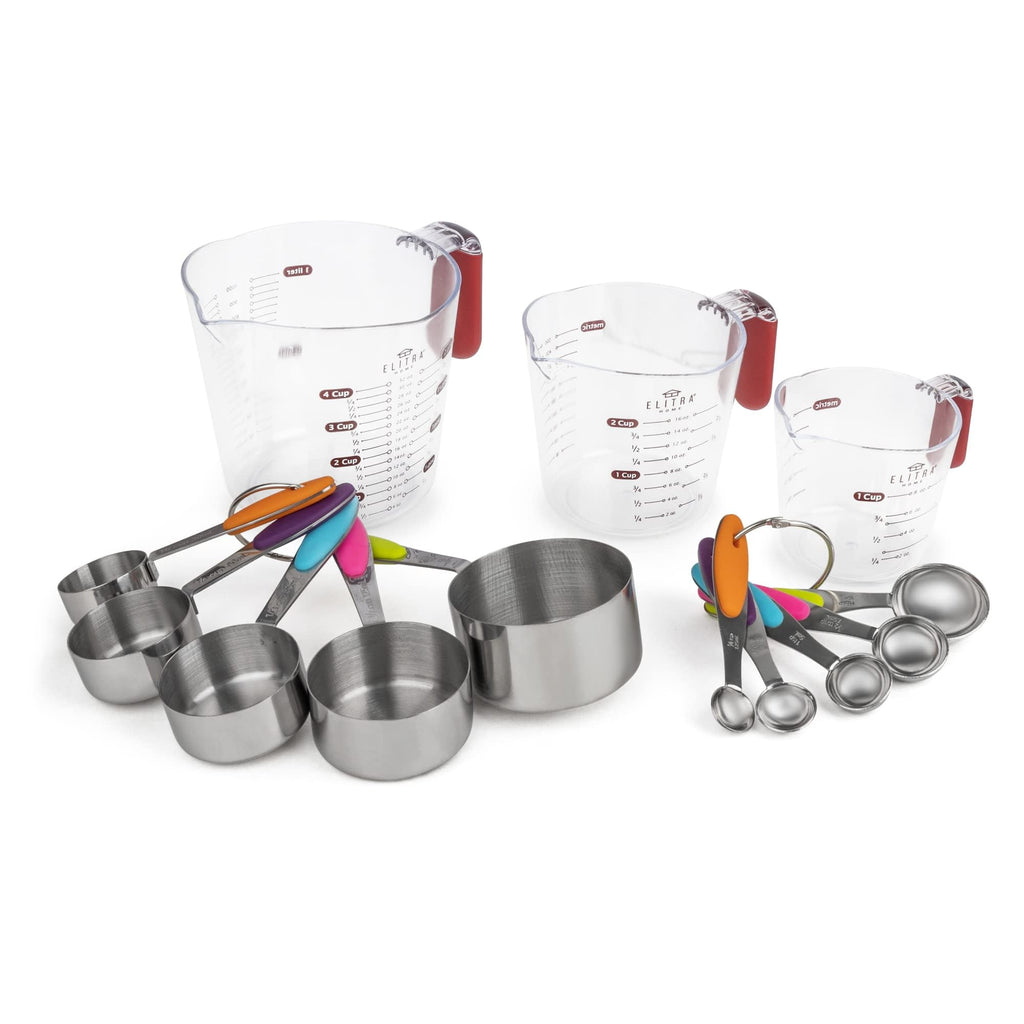 Elitra Home Complete Measuring Set, 13-Pack Stainless Steel Cups, Spoons, Plastic Measuring Pitchers with Spout - Eng...